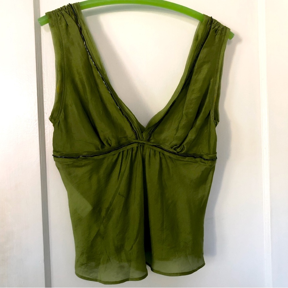 Hugo Boss 100% Silk Beaded Sleeveless Blouse Hidden Zipper sz8 Olive Green